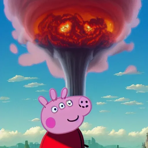 Image similar to Peppa Pig plays in front on a large nuclear explosion that has created a large nuclear mushroom and is totally oblivious to the fact that the city is in flames and everyone die. Elegant, intricate, digital painting, artstation, concept art, smooth, sharp focus, illustration, art by artgerm and greg rutkowski and alphonse mucha