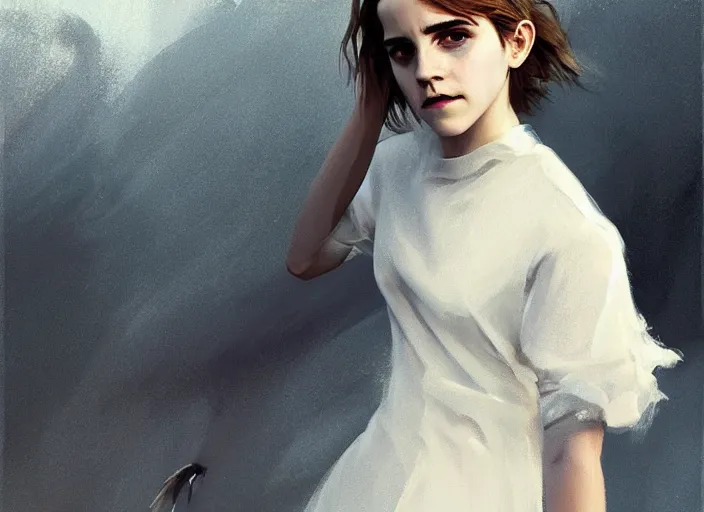 Image similar to emma watson white dress girl chasing from grim reaper, messy hair, messy lines, scared face, dramatic situation, specular reflection, occlusion shadow, intricate, bokeh, by ilya kuvshinov and jeremy lipking and quentin mabille