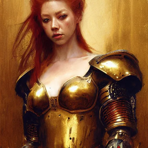 Image similar to young redheaded woman, wearing black and gold ornamental medieval armour, detailed, by gaston bussiere, bayard wu, greg rutkowski, giger, maxim verehin, greg rutkowski, masterpiece, sharp focus, illustration, highly detailed, digital painting, concept art, matte, natalie dormer