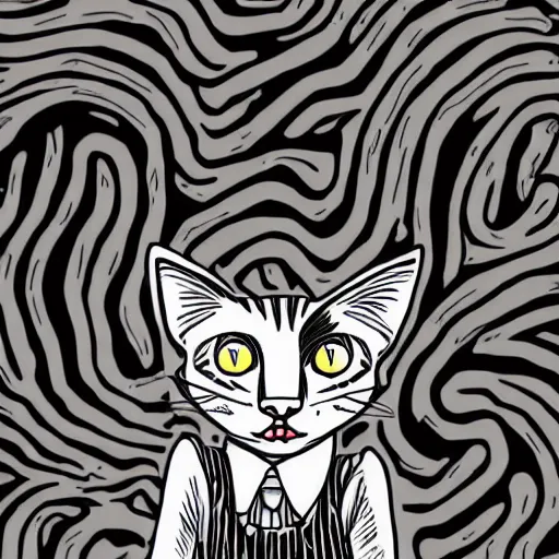 Prompt: a cat taking over the world, in the style of junji ito