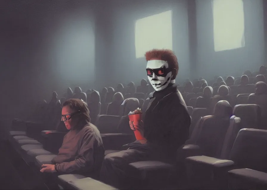 Prompt: painting of Michael Myers wearing 3D glasses sitting in a row of movie theater seats eating popcorn, sharp focus, face focused, trending on ArtStation, masterpiece, by Greg Rutkowski, by Ross Tran, by Fenghua Zhong, octane, soft render, oil on canvas, moody lighting, high contrast, cinematic, professional environmental concept art