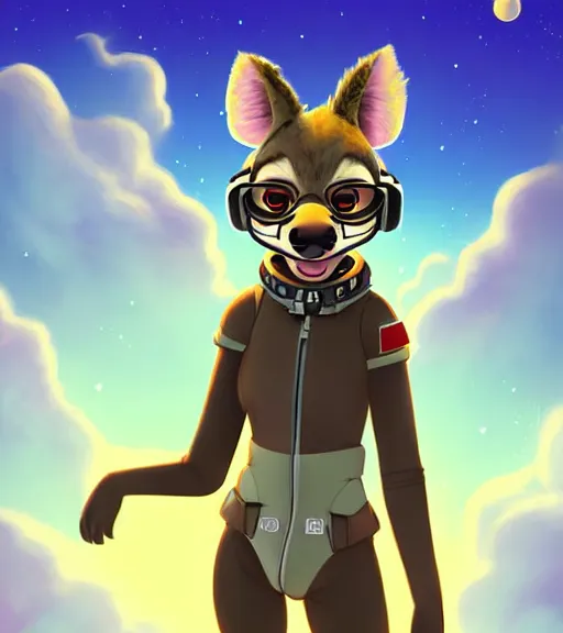 Prompt: digital detailed art of furry female hyena, in style of zootopia, fursona, furry, furaffinity, 4 k, deviantart, wearing astronaut outfit, in style of disney zootopia, floating in space, space background, hyena fursona, cyberpunk, female, detailed face, style of artgerm,