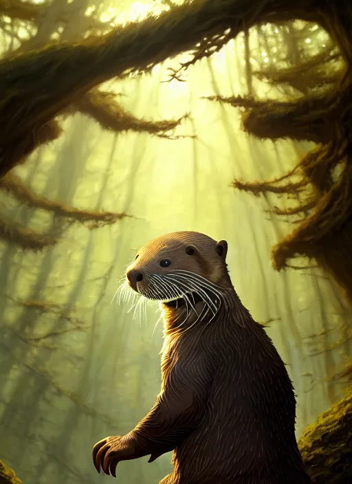 Image similar to a film still portrait of a otter warrior, finely detailed features, cinematic lighting, perfect art, brian jacques redwall woodland, forest, intricate, artstation, trending on pixiv fanbox, painted by brian jacques greg rutkowski, studio ghibli, 4 k