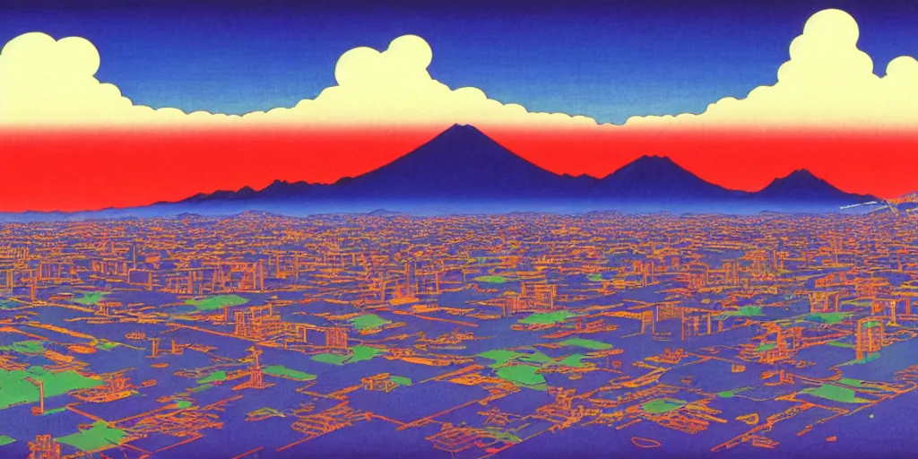 Image similar to skyline of a large metropolis, large mountain looming in the background, acid and dreaming psychedelic hallucinations, by kawase hasui, moebius and edward hopper, colorful flat surreal design, hd, 8 k, artstation