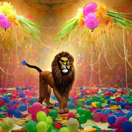 Image similar to long shot lion chasing the dream in the magical forest, lion fur made from party ribbons floating party confetti and balloons , concept art, huge scale, high details, intricate by Dali and James Jean