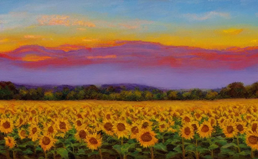 Prompt: impressionist painting of a large field of sunflowers with grassy hills in the distance at sunset