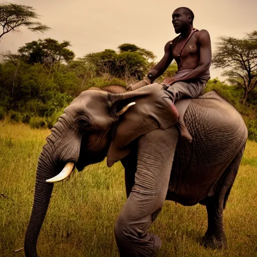 Prompt: film still, extreme wide shot of an tribal african man riding an elephant alone on the savannah, extreme long shot, 4 k, award winning