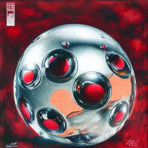 Image similar to chrome spheres on a red cube by ayami kojima