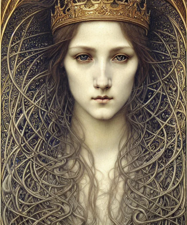 Image similar to detailed realistic beautiful young medieval queen face portrait by jean delville, gustave dore and marco mazzoni, art nouveau, symbolist, visionary, gothic, pre - raphaelite. horizontal symmetry