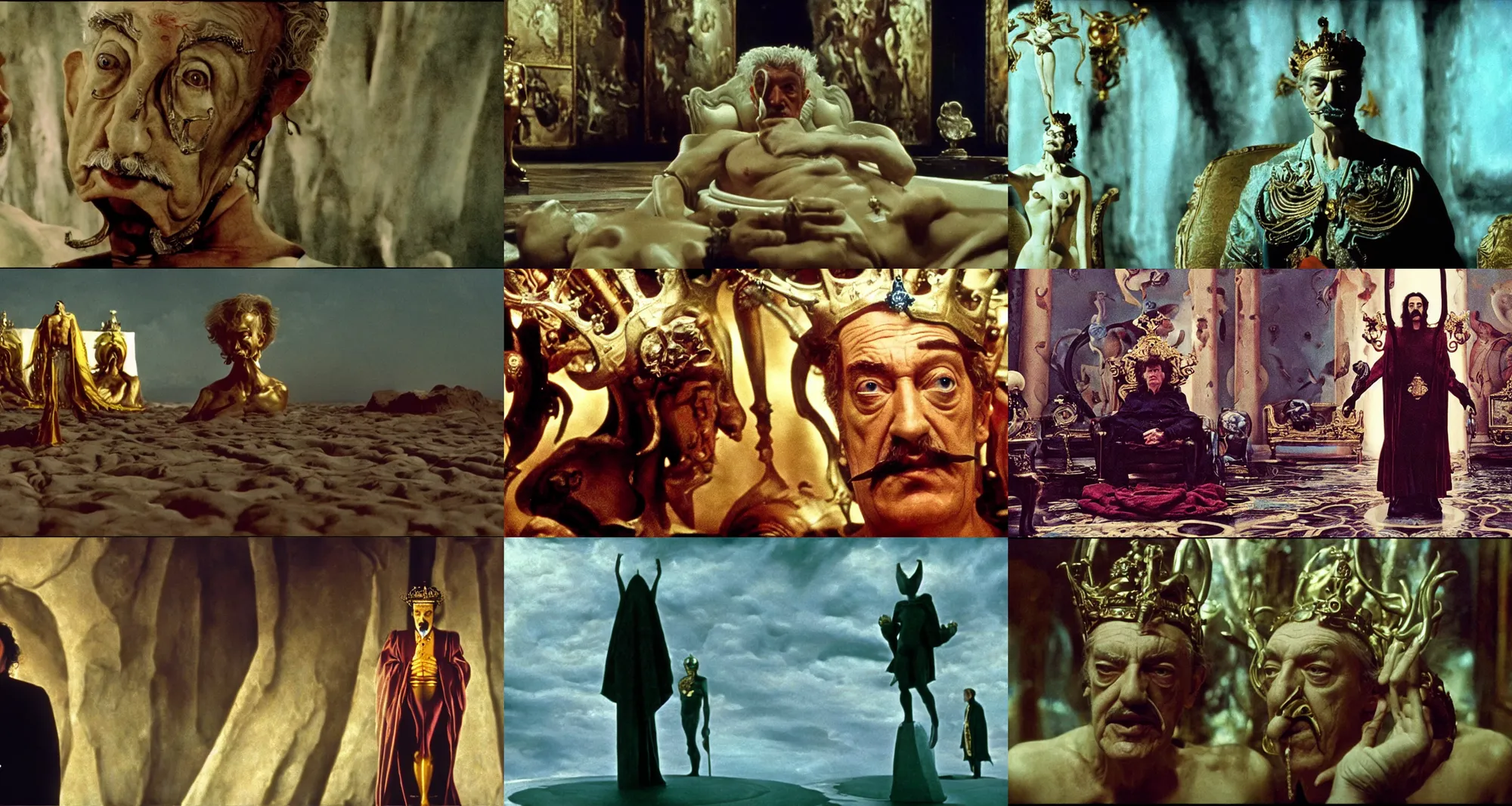 Prompt: the salvador dali as emperor of universe | still frame from the movie by ridley scott with cinematogrophy of christopher doyle and art direction by hans giger, anamorphic lens, 8 k