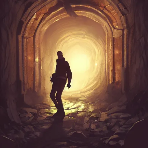 Image similar to A man with a flashlight explores a Dungeon, luminous, artstation