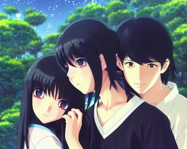 Image similar to beautiful anime girl with long black hair and bangs, beautiful anime guy with black hair, wearing black clothes, siblings, fine details portrait, japense village in background, bokeh. anime masterpiece by Studio Ghibli. illustration, sharp high-quality anime illustration in style of Ghibli, Ilya Kuvshinov, Artgerm