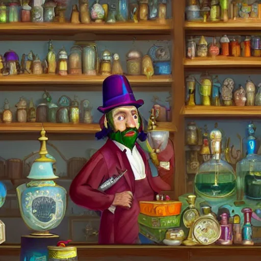 Image similar to Anthropomorphic parrot trader in his shop, shelves full, selling a gem, portrait, items, magic potions, carpet, window, fancy funny hat, sly expression , cunning expression, cute expression, presenting magic gem, D&D, fantasy, cinematic lighting, highly detailed, digital painting, artstation, concept art, smooth, sharp focus, illustration, warm light, cozy warm tint, magic the gathering artwork, volumetric lighting, 8k, no gold, no gold colours, art by Akihiko Yoshida, Greg Rutkowski