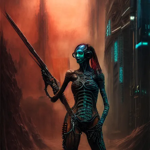 Image similar to a highly detailed long shot photo of cyberpunk female character by ayami kojima, elf, beksinski, giger, elf, wielding scythe, intricate, digital painting, artstation, concept art, smooth, sharp focus, full body