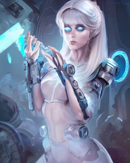 Image similar to holy cyborg necromancer girl, elegant, scifi, futuristic, utopia, garden, illustration, atmosphere, top lighting, blue eyes, white hair, focused, artstation, highly detailed, art by yuhong ding and chengwei pan and serafleur and ina wong