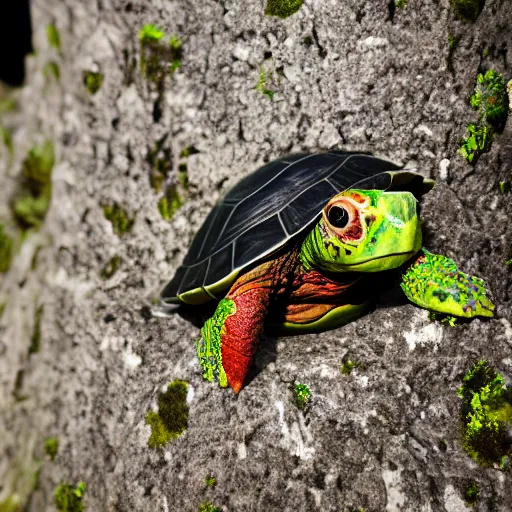 Image similar to a picture of a turtle in love with a flower, vivid colours, depth of field, 50mm