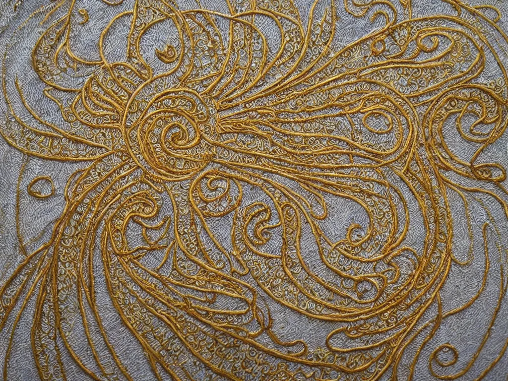 Prompt: heavenly sacred godly divine swirl art gold and white embroidery