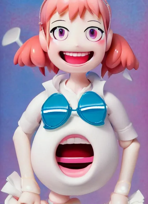 Image similar to a hyperrealistic oil panting of a looney kawaii vocaloid figurine caricature with a big dumb goofy grin, rosy cheeks with freckles, and pretty sparkling anime eyes featured on Wallace and Gromit by norman rockwell