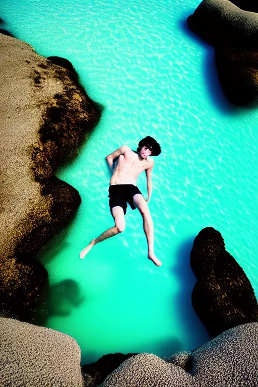 Image similar to high quality pastel coloured film mid angle docu photograph of a beautiful young 2 0 year old male, soft features, short black hair, falling, jumping in an icelandic black rock pool environment. atmospheric. three point light. photographic. art directed. ( pastel colours ). volumetric light. clearcoat. waves glitch. 8 k. filmic.