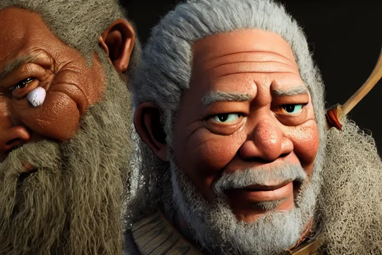 Image similar to morgan freeman starring as gimli in lord of the rings, still from a pixar movie, high quality 3 d render, movie, pixar, renderman, 4 k, artstation