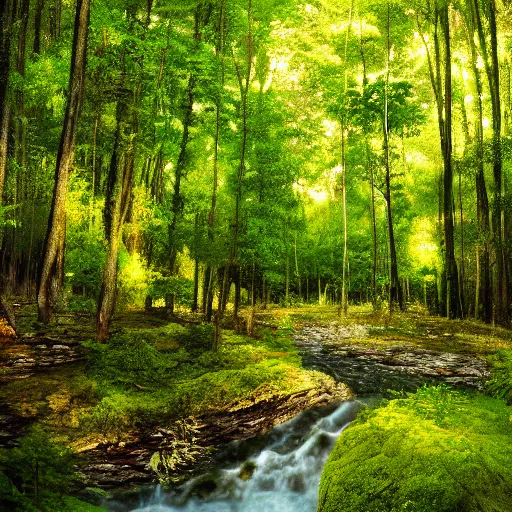 Prompt: professional photograph of a forest of trees. little specs of fireflies and a river in between leading to a water fall, photo realism, perfect lighting