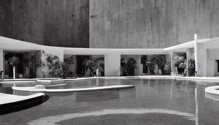 Prompt: symmetrical establishing shot of The unsettling courtyard of a monochrome modernist hotel designed by Luis Barragán, An empty swimming pool in the foreground. Walls are made of highly ornamented vaults arabesque arches Single point perspective photographed by Wes Anderson and Andreas Gursky. Cinematic, dramatic lighting, moody, eerie, illustration, uncanny, creepy Sigma 75mm, very detailed, golden hour, Symmetrical, centered, intricate, Dynamic Range, HDR,