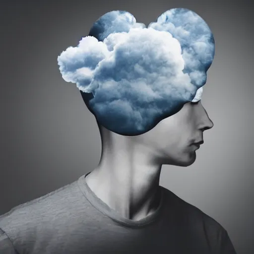 Image similar to a man thinking with closed eyes while his thoughts form a cloud above his head, intricate, surreal,