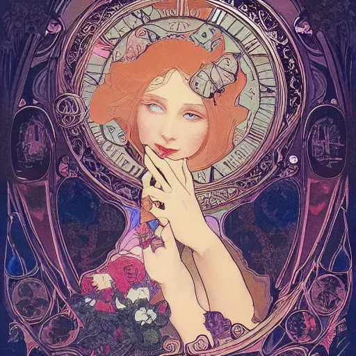 Image similar to Alice in Wonderland,Diamonds Blaze,Rose twining,out of time and space,dreamy, eternity, romantic,highly detailed,in the style of Alphonse Maria Mucha, highly detailed,night lighting