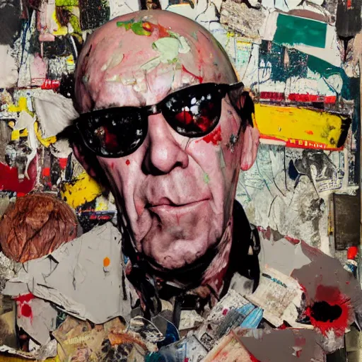 Image similar to hyperrealistic, photorealistic, mixed media oil painting of hunter s thompson, magazine scraps, plaster, blood, oil, mustard, splatter, greg rutkowski, basquiat, ralph steadman, wesley kimler, terry gilliam, andy warhol, dali