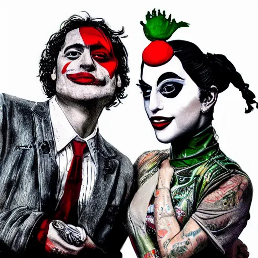 Image similar to mimmo rottela and banksy as joaquin phoenix skinny joker holding hand lady gaga harley queen, photorealistic, intricate details, pop art style, baroque, hyperdetailed