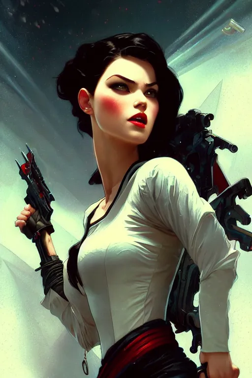 Image similar to gta warrior snow white profile picture by greg rutkowski, dynamic pose, intricate, futuristic, fantasy, elegant, by stanley artgerm lau, greg rutkowski, thomas kindkade, alphonse mucha, loish, norman rockwell, fantasy lut, asymmetric, long hair, retro computer graphics, video game, fluid lines,