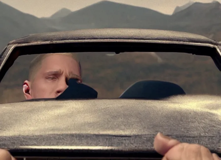 Image similar to a very high resolution image from a new movie, eminem driving a car. inside of a car. alone. mountains, directed by wes anderson