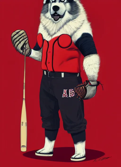 Image similar to commissioned full body portrait of a male anthro aslakan malamute with red fur playing baseball in a baseball stadium wearing a baseball uniform, by Kilian Eng, by Sandra Chevrier, trending on artstation