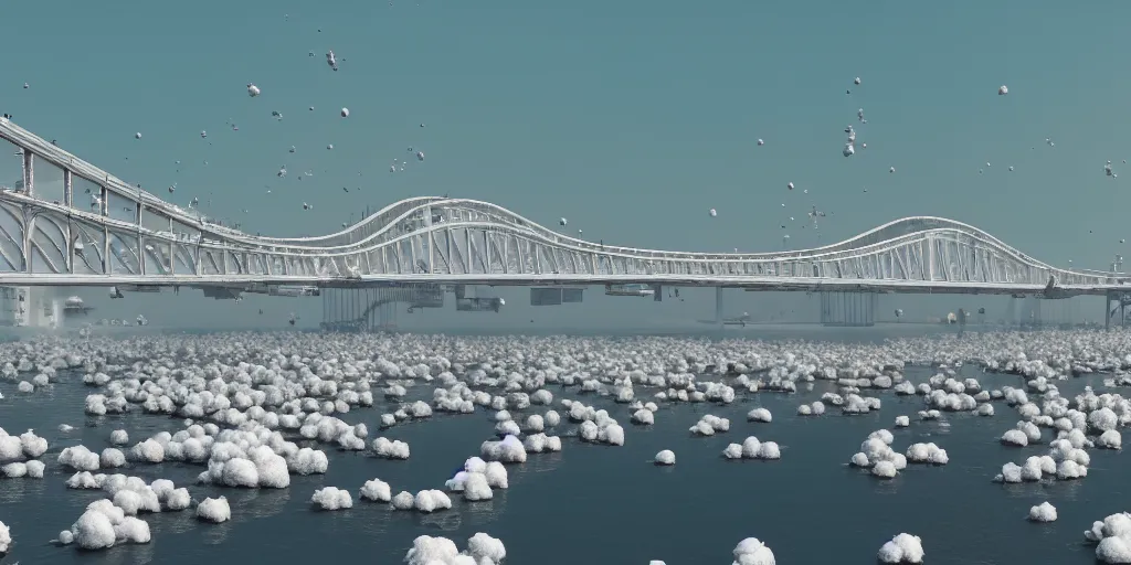 Image similar to explosions in the form of realistic white cotton plants on harbour bridge, huge white cotton everywhere on the destroyed harbour bridge, smooth, sharp focus, highly detailed, 3 d octane render, epic lighting, lots of white cotton, 8 k, by beeple