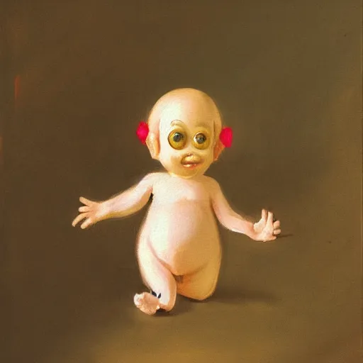 Image similar to Painting of a glowing kewpie doll that looks like Big Bird, painted in the style of Watteau with sad minion eyes