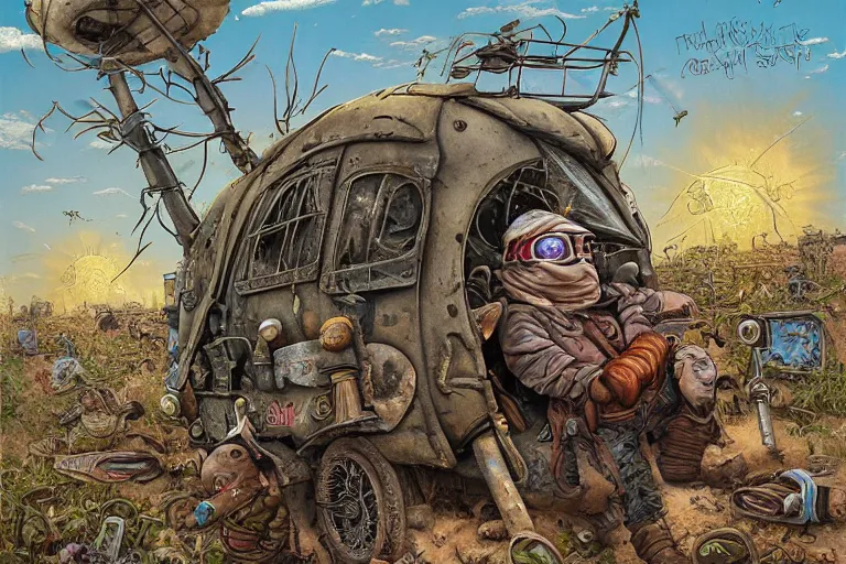 Prompt: a highly detailed garden gnome wearing goggles and head scarf holding onto the side of a caravan as its speeding down the highway, hopeless wasteland background with a relentless raging sun overhead, post - apocalyptic road warrior vibe, full body, wide angle, an ultrafine detailed painting by p. craig russell and barry windsor - smith, trending on deviantart, octane, masterpiece