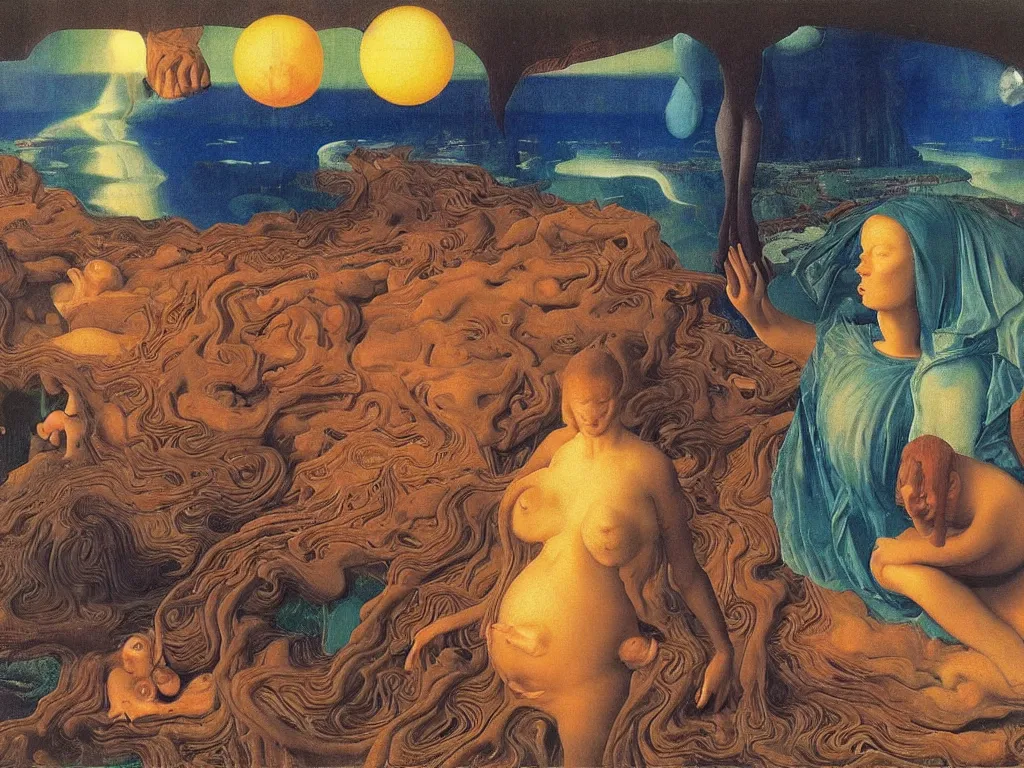 Prompt: Portrait of a pregnant woman. The future, glowing, cyberpunk world. Aurora night, sweaty mountain, African mask, acid rains. The sacred nipple. Trembling waters. Painting by Jan van Eyck, Rene Magritte, Jean Delville, Max Ernst, Maria Sybilla Merian