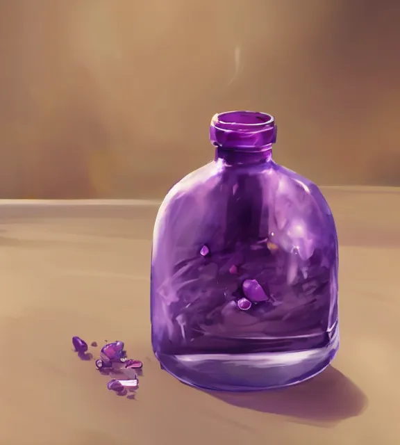 Image similar to a closeup of a purple potion in a round bottle on a messy desk. by makoto shinkai, stanley artgerm lau, wlop, rossdraws, james jean, andrei riabovitchev, marc simonetti, krenz cushart, sakimichan, d & d trending on artstation, digital art