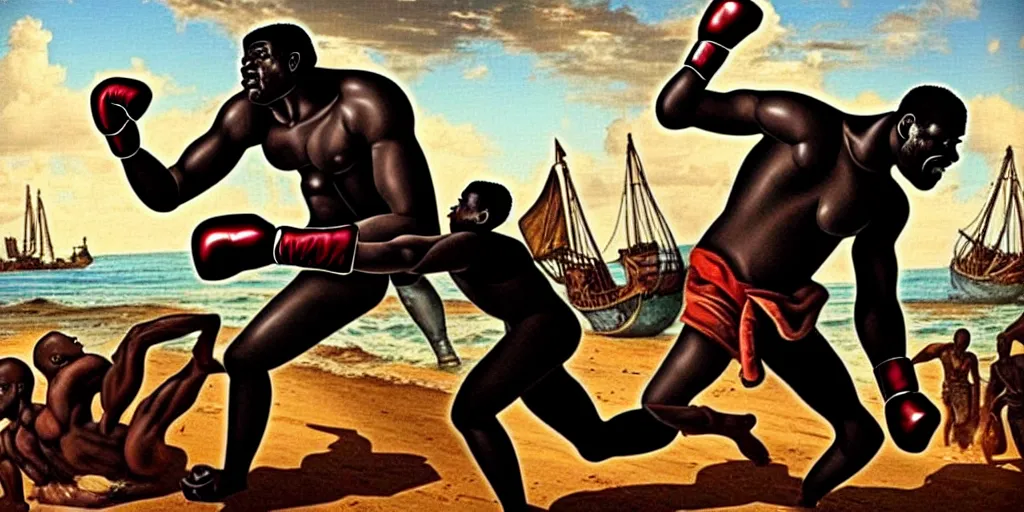 Image similar to giant african man punching a slave ship