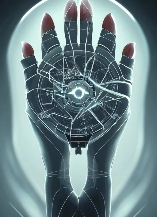 Image similar to symmetry!! mechanism in the palm of a hand, product render retro - futuristic poster scifi, intricate, elegant, highly detailed, digital painting, artstation, concept art, smooth, sharp focus, illustration, dreamlike, art by artgerm