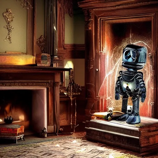 Image similar to “a lonely robot reads a book near a fireplace in a Victorian home., IMAX 70mm footage”