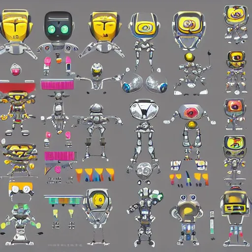 Prompt: cheerful robot that loves to jump, video game character design sheet, digital art