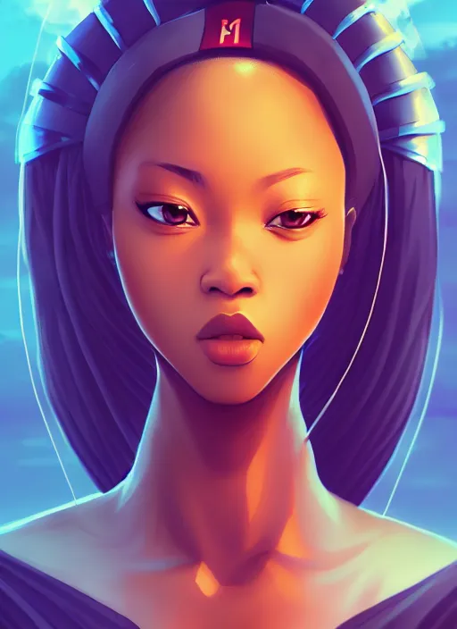 Image similar to attractive female portrait of african ninja, cloud background, uplight, symmetrical!!, anime, prism highlights, depth of field, cinematic, filmic, vsco, concept art, artstation, digital painting, elegant, epic, focus