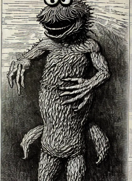 Prompt: cookie monster as a demon from the dictionarre infernal, etching by louis le breton, 1 8 6 9, 1 2 0 0 dpi scan, ultrasharp detail, clean scan