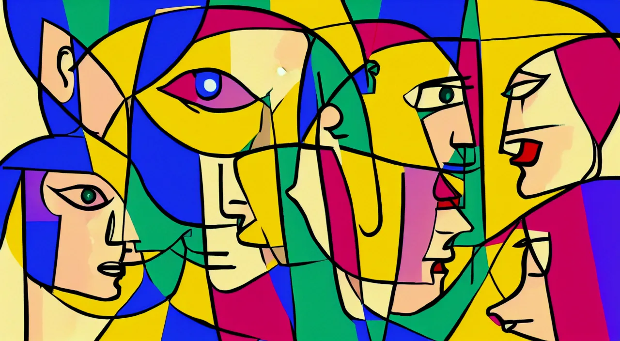 Image similar to a digital painting depicting a two ai android facing each other while their eyes are closed, cubism