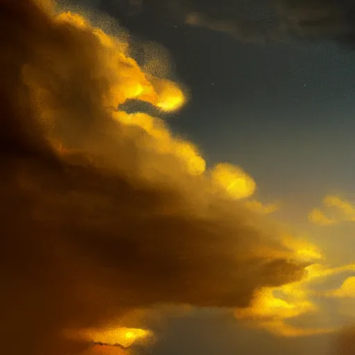 Image similar to golden clouds and rain, thunder, 4k, post-processing, very very detailed, artstation, cute