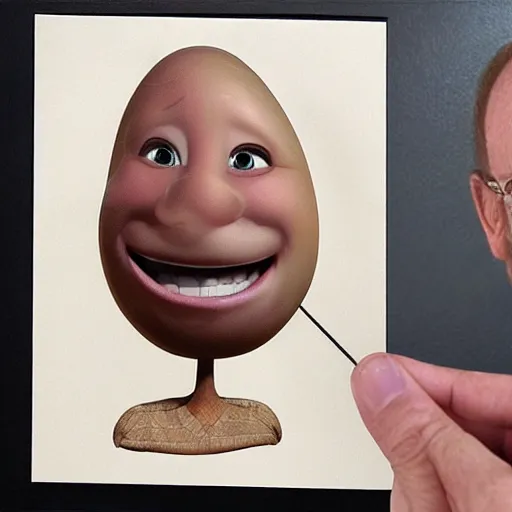 Image similar to beautiful hyper realistic detailed matte painting of a potato with a cardboard suit and a big smile by Glen Keane