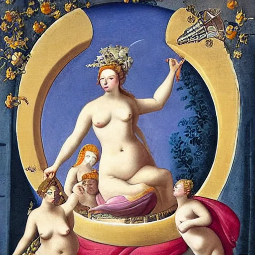 Image similar to The painting shows Venus seated on a crescent moon. She is surrounded by the goddesses Ceres and Bacchus, who are both holding cornucopias. by Maria Sibylla Merian lively