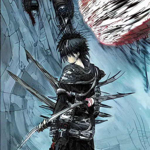 Prompt: uchiha, tsutomu nihei colored manga lineart, abundant details, large scale, wide angle, tilted angle, epic