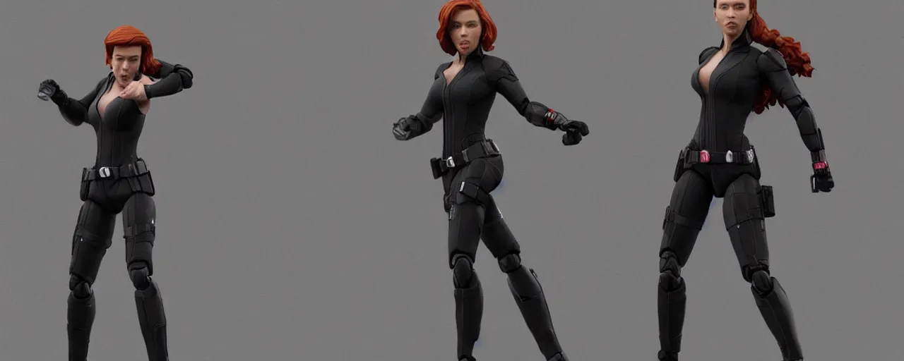 Prompt: action figure of Black Widow Scarlett Johansson in a dynamic pose, full subject in frame, cinematic, vray rendering, 3d occlusion